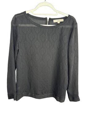 LOFT Womens Small Black Sheer Leaf Jacquard Zip Back Blouse